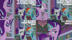 Size: 2000x1125 | Tagged: safe, derpibooru import, edit, edited screencap, editor:quoterific, screencap, rainbow dash, rarity, starlight glimmer, the end in friend, book, bookshelf, library, magic, school of friendship, telekinesis