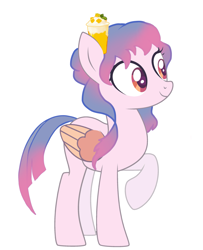 Size: 2253x2773 | Tagged: safe, artist:lucysugarbermarnie, derpibooru import, oc, oc only, oc:lucy, pegasus, big eyes, blue hair, cute, food, mango, orange wings, pink body, pink hair, red eyes, simple background, solo, white background, wings