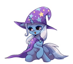 Size: 1358x1187 | Tagged: safe, artist:namaenonaipony, derpibooru import, trixie, pony, unicorn, cape, clothes, cute, diatrixes, female, hat, mare, open mouth, simple background, sitting, solo, trixie's cape, trixie's hat, white background, wizard hat