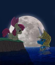 Size: 2550x3000 | Tagged: safe, artist:angel-wing101, derpibooru import, apple bloom, oc, earth pony, pony, duo, moon, night, water