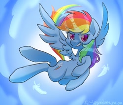 Size: 1200x1024 | Tagged: safe, artist:yukkuri_yu_yu, derpibooru import, rainbow dash, pegasus, pony, feather, female, japanese, mare, signature, solo, spread wings, wings