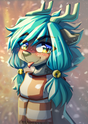 Size: 3508x4961 | Tagged: safe, artist:chaosangeldesu, derpibooru import, oc, deer, blushing, clothes, cute, deer oc, gift art, non-pony oc, scarf, smiling, snow, snowfall, solo, tongue, tongue out