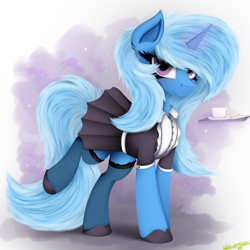 Size: 4000x4000 | Tagged: safe, artist:ser-p, derpibooru import, trixie, pony, unicorn, abstract background, absurd resolution, clothes, cup, female, looking at you, magic, maid, mare, raised leg, solo, telekinesis