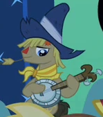 Size: 149x169 | Tagged: safe, derpibooru import, screencap, earth pony, pony, luna eclipsed, bandana, banjo, cropped, eclipse, hat, musical instrument, sitting, straw, straw in mouth, unnamed character, unnamed pony