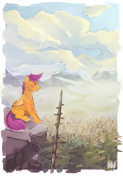 Size: 800x1143 | Tagged: safe, artist:headphonehijack, derpibooru import, scootaloo, pegasus, pony, cliff, forest, scenery, solo
