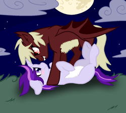 Size: 1000x900 | Tagged: safe, artist:ghostpikachu, derpibooru import, oc, oc only, oc:dreaming star, oc:trinity, bat pony, undead, unicorn, vampire, base used, bat pony oc, belly fluff, blushing, cloud, ears back, eye contact, fangs, female, horn, looking at each other, looking into each others eyes, lying down, male, mare, moon, night, on back, outdoors, pinned down, red eyes, scared, spread wings, stallion, unicorn oc, vampire bat pony, wings