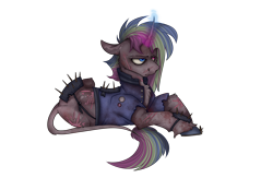 Size: 2000x1300 | Tagged: safe, artist:molars, derpibooru import, oc, oc only, oc:arcade, pony, unicorn, fallout equestria, angry, annoyed, bicolour eyes, blood, blood stains, clothes, frown, horseshoes, jacket, leonine tail, multicolored mane, patch, raider, scar, simple background, solo, tail, transparent background