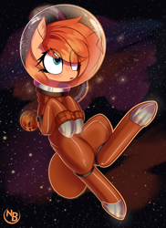 Size: 2700x3710 | Tagged: safe, artist:nevobaster, derpibooru import, oc, oc only, oc:rusty gears, earth pony, pony, female, freckles, galaxy, helmet, heterochromia, mare, solo, space, space helmet, spacesuit, stars, wondering