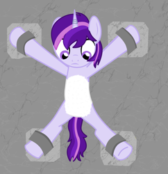 Size: 1779x1839 | Tagged: safe, artist:ghostpikachu, derpibooru import, oc, oc only, oc:dreaming star, pony, unicorn, armpits, belly, belly fluff, bondage, bound, captured, dungeon, featureless crotch, horn, looking down, magic suppression, male, restrained, shackles, solo, solo male, spread eagle, spread legs, spreading, stallion, unicorn oc, wall