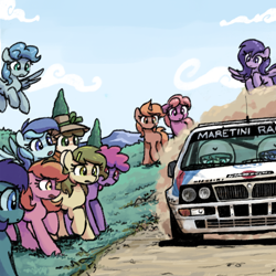 Size: 500x500 | Tagged: safe, artist:plunger, derpibooru import, oc, oc only, earth pony, pegasus, pony, unicorn, car, dirt road, driving, dust cloud, female, hat, helmet, lancia, lancia delta, mare, motorsport, racecar, racing, rally racing, solo, vehicle