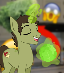 Size: 1169x1327 | Tagged: safe, artist:decaydaance, derpibooru import, pony, unicorn, eli lucas, emoji, food, lettuce, magic, magic aura, male, ponified, real life background, signature, species swap, stallion, vegetables