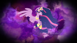 Size: 2560x1440 | Tagged: safe, artist:decprincess, artist:omniscient-duck, derpibooru import, princess twilight 2.0, twilight sparkle, twilight sparkle (alicorn), alicorn, pony, the last problem, crown, female, flying, high res, hoof shoes, jewelry, mare, older, older twilight, peytral, regalia, solo, spread wings, wings