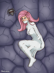 Size: 1588x2122 | Tagged: safe, artist:xeninara, derpibooru import, fluttershy, human, bondage, bound, damsel in distress, female, gag, humanized, mummification, mummified, mummy, simple background, spider web