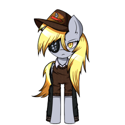 Size: 1000x1000 | Tagged: safe, artist:menalia, derpibooru import, derpy hooves, pegasus, pony, cap, clothes, danganronpa, eyepatch, female, hat, looking at you, mailmare, mare, pants, shirt, shoes, simple background, solo, sprite, style emulation, transparent background, wings