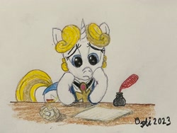 Size: 4032x3024 | Tagged: safe, artist:opti, derpibooru import, oc, oc only, oc:guiding light, pony, unicorn, bored, inkwell, quill, sad, solo, traditional art