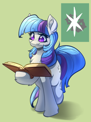 Size: 2264x3016 | Tagged: safe, artist:witchtaunter, derpibooru import, earth pony, pony, alternate universe, book, chest fluff, commission, ear fluff, ears, female, green background, looking down, mare, photo, reading, simple background, solo, standing