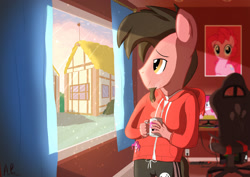 Size: 1754x1240 | Tagged: safe, artist:mrkat7214, derpibooru import, pinkie pie, oc, oc:ace play, anthro, earth pony, chair, clothes, coffee, computer, curtains, dawn, facial hair, gaming chair, goatee, hoodie, male, monitor, morning, morning ponies, mug, office chair, plushie, poster, solo, stallion, window