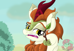 Size: 1671x1150 | Tagged: safe, artist:gray star, derpibooru exclusive, derpibooru import, autumn blaze, kirin, cloven hooves, freckles, open mouth, scales, scene interpretation, sharp teeth, simple background, teeth