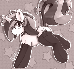 Size: 1072x994 | Tagged: safe, artist:llametsul, derpibooru import, gleaming shield, shining armor, pony, unicorn, clothes, cute, female, looking at you, mare, monochrome, rule 63, signature, smiling, smiling at you, socks, solo, stockings, thigh highs