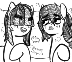 Size: 509x437 | Tagged: safe, artist:zan logemlor, derpibooru import, oc, oc only, oc:dot matrix, oc:floor bored, earth pony, pony, bucktooth, dialogue, earth pony oc, eyebrows, eyebrows visible through hair, female, grayscale, lesbian, looking at each other, looking at someone, lying down, mare, monochrome, no homo, oc x oc, on back, open mouth, shipping, talking