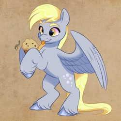 Size: 3166x3166 | Tagged: safe, artist:artharuhi, derpibooru import, derpy hooves, pegasus, pony, :p, bipedal, cute, derpabetes, female, food, mare, muffin, solo, tongue, tongue out, unshorn fetlocks