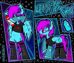 Size: 2542x2162 | Tagged: safe, artist:xxv4mp_g4z3rxx, derpibooru import, oc, oc:laughing gas, pegasus, pony, bags under eyes, blue coat, boots, clothes, drugs, ear piercing, fishnet clothing, fishnets, heart locket, jewelry, locket, mane extentions, necklace, nonbinary, piercing, pink eyes, pink mane, reference sheet, scar, self harm, self harm scars, shoes, socks, solo