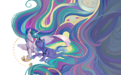 Size: 4427x2737 | Tagged: safe, artist:湮浊湮于浊, derpibooru import, princess celestia, princess luna, alicorn, pony, colored pinnae, colorful, crying, duo, female, horn, horns are touching, impossibly long mane, impossibly long tail, jewelry, long horn, long mane, looking at someone, lying down, mare, partially open wings, prone, regalia, simple background, tail, white background, wings