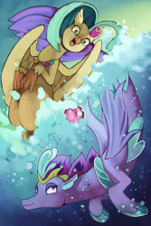 Size: 2400x3600 | Tagged: safe, artist:kenisu-of-dragons, derpibooru import, princess skystar, queen novo, hippogriff, seapony (g4), my little pony: the movie, beak, bubble, colored pupils, crepuscular rays, crown, dorsal fin, female, fin, fin wings, fins, fish tail, flower, flower in hair, freckles, high res, jewelry, lidded eyes, logo, looking at each other, looking at someone, mother and child, mother and daughter, necklace, open mouth, orb, palindrome get, parent and child, purple eyes, queen novo's orb, redo, regalia, seashell, seashell necklace, sky, smiling, sunlight, swimming, tail, underwater, water, wings