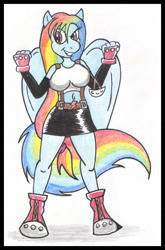 Size: 420x636 | Tagged: safe, artist:rdk, rainbow dash, anthro, unguligrade anthro, big breasts, breasts, crossover, female, final fantasy, final fantasy vii, long h, smiling, solo, tifa lockhart, traditional art, video game