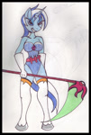 Size: 420x625 | Tagged: safe, artist:rdk, minuette, anthro, unicorn, blue coat, blue eyes, clothes, female, horn, scythe, smiling, solo