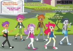 Size: 1105x782 | Tagged: safe, artist:excelso36, apple bloom, button mash, rumble, scootaloo, sweetie belle, tender taps, human, equestria girls, canterlot high, casual, clothes, commission, converse, dialogue, equestria girls-ified, female, hat, male, minidress, oblivious, rumbloo, shipping, shoes, skirt, socks, straight, suspenders, sweetiemash, tenderbloom, thigh highs, umbrella