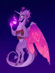 Size: 907x1200 | Tagged: safe, artist:schl4fy, derpibooru import, part of a set, twilight sparkle, dragon, book, claws, colored wings, dragon horns, dragoness, dragonified, ears, eyebrows, female, floating, glasses, glowing, horn, horns, looking away, magic, magic glow, mohawk, multicolored wings, night, night sky, nostrils, sky, snout, solo, species swap, twilidragon, two toned hair, unicorn horn, wings