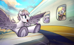 Size: 4800x2928 | Tagged: safe, artist:selenophile, derpibooru import, limestone pie, sea swirl, seafoam, oc, oc:canvas, oc:seleno, earth pony, pegasus, pony, bow, flying, hair bow, happy, looking at each other, looking at someone, male, open mouth, open smile, pegasus oc, plane, smiling, spread wings, stallion, underhoof, wings