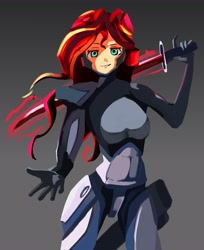 Size: 3360x4115 | Tagged: safe, artist:solid shrimp, derpibooru import, sunset shimmer, cyborg, human, female, fixed, humanized, jetstream sam, looking at you, metal gear, metal gear rising, solo, sword, weapon