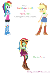 Size: 838x1204 | Tagged: safe, artist:prettycelestia, derpibooru import, applejack, rainbow dash, equestria girls, belt buckle, clothes, corset, fusion, goggles, golden eyes, mary janes, multicolored hair, rainbow hair, shoes, simple background, stockings, thigh highs, white background