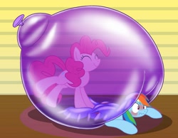 Size: 2250x1750 | Tagged: safe, artist:bladedragoon7575, derpibooru import, pinkie pie, rainbow dash, earth pony, pegasus, pony, balloon, blushing, cute, eyes closed, female, happy, in bubble, lesbian, mare, pinkie pie trapped in a balloon, pinkiedash, shipping, smiling, squeak, squished, that pony sure does love balloons, trapped