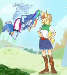 Size: 828x923 | Tagged: artist needed, safe, derpibooru import, applejack, rainbow dash, human, equestria girls, duo, duo female, female, flying, pony ears, wings