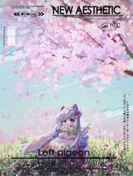 Size: 1620x2160 | Tagged: safe, artist:lendftcn, derpibooru import, oc, oc only, pegasus, pony, bouquet, cherry blossoms, clothes, dress, female, flower, flower blossom, flower field, looking at you, mare, solo, text, tree