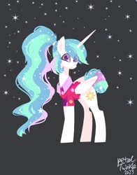 Size: 1074x1368 | Tagged: safe, artist:petaltwinkle, derpibooru import, princess celestia, alicorn, pony, between dark and dawn, alternate hairstyle, black background, eye clipping through hair, female, folded wings, looking at you, mare, ponytail, simple background, smiling, smiling at you, solo, stars, vacation, wings