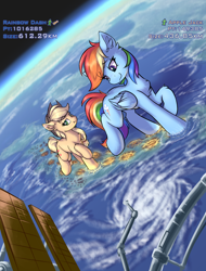 Size: 1556x2048 | Tagged: safe, artist:ravistdash, derpibooru import, applejack, rainbow dash, earth pony, pegasus, pony, city, destruction, earth, fetish, growth drive, hoofprints, japan, macro, raised hoof, raised leg, satellite, smiling, smirk, space, text, underhoof