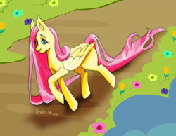 Size: 3344x2592 | Tagged: safe, artist:twivela, derpibooru import, fluttershy, pegasus, pony, eyebrows, female, flower, happy, mare, path, ponyville, smiling, solo, walking, wings