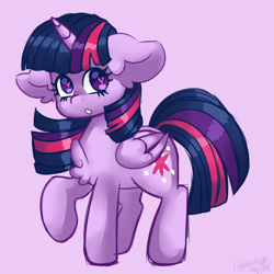 Size: 3000x3000 | Tagged: safe, artist:ladylullabystar, derpibooru import, twilight sparkle, twilight sparkle (alicorn), alicorn, pony, chest fluff, cute, ear fluff, ears, female, folded wings, heart, heart eyes, high res, looking at you, mare, pink background, raised hoof, raised leg, signature, simple background, solo, twiabetes, wingding eyes, wings