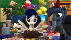 Size: 2920x1642 | Tagged: safe, artist:morozovbrony, derpibooru import, princess luna, spitfire, twilight sparkle, oc, oc:crystal moon, oc:morozov, alicorn, pegasus, unicorn, 3d, balloon, cake, clothes, computer, cookie, crown, doom, food, glasses, happy birthday, horn, jar, jewelry, pipbuck, plant, portal (valve), present, regalia, source filmmaker, statue, tea, the cake is a lie, video game, youtube