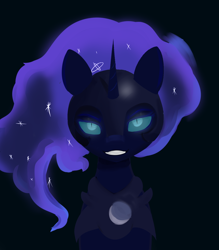 Size: 1372x1564 | Tagged: safe, artist:houl2902, derpibooru import, nightmare moon, alicorn, pony, eyeshadow, grin, horn, looking at you, makeup, night, smiling