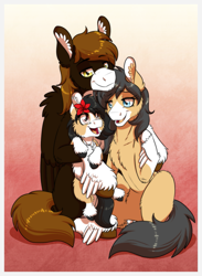 Size: 1181x1610 | Tagged: safe, artist:inuhoshi-to-darkpen, derpibooru import, oc, oc only, oc:liliya krasnyy, oc:punish mittet, oc:zarza zarevna, family, family photo, flower, flower in hair, looking at each other, looking at someone, smiling