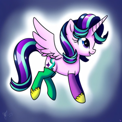 Size: 2048x2048 | Tagged: safe, derpibooru import, generator:purplesmart.ai, generator:stable diffusion, machine learning generated, starlight glimmer, alicorn, alicornified, clothes, cute, female, mare, race swap, shoes, side view, socks, solo, spread wings, starlicorn, wings