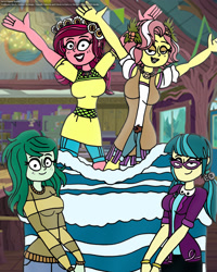 Size: 1642x2049 | Tagged: safe, artist:rdj1995, derpibooru import, gloriosa daisy, juniper montage, vignette valencia, wallflower blush, equestria girls, birthday, birthday cake, cake, female, food, gloriette, juniblush, lesbian, shipping