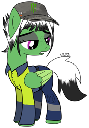 Size: 637x910 | Tagged: safe, artist:vilkathewolf, derpibooru import, oc, oc only, oc:viridescent wings, pegasus, bangs, clothes, female, freckles, monster energy, simple background, solo, transparent background