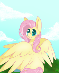 Size: 1000x1240 | Tagged: safe, artist:pagophasia, derpibooru exclusive, derpibooru import, fluttershy, pegasus, pony, cloud, colored hooves, cute, cutie mark eyes, daytime, eye reflection, female, grass, impossibly long eyelashes, looking at you, looking back, looking back at you, reflection, shyabetes, sitting, smiling, solo, unshorn fetlocks, wingding eyes, wings
