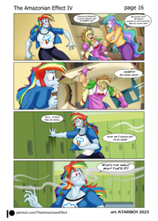 Size: 2726x3802 | Tagged: safe, artist:atariboy2600, artist:bluecarnationstudios, derpibooru import, applejack, princess celestia, principal celestia, rainbow dash, human, comic:the amazonian effect, comic:the amazonian effect iv, equestria girls, angry, applejacked, applerack, breasts, canterlot high, clothes, female, muscles, muscular female, princess breastia, rainboob dash, rainbuff dash, shoes